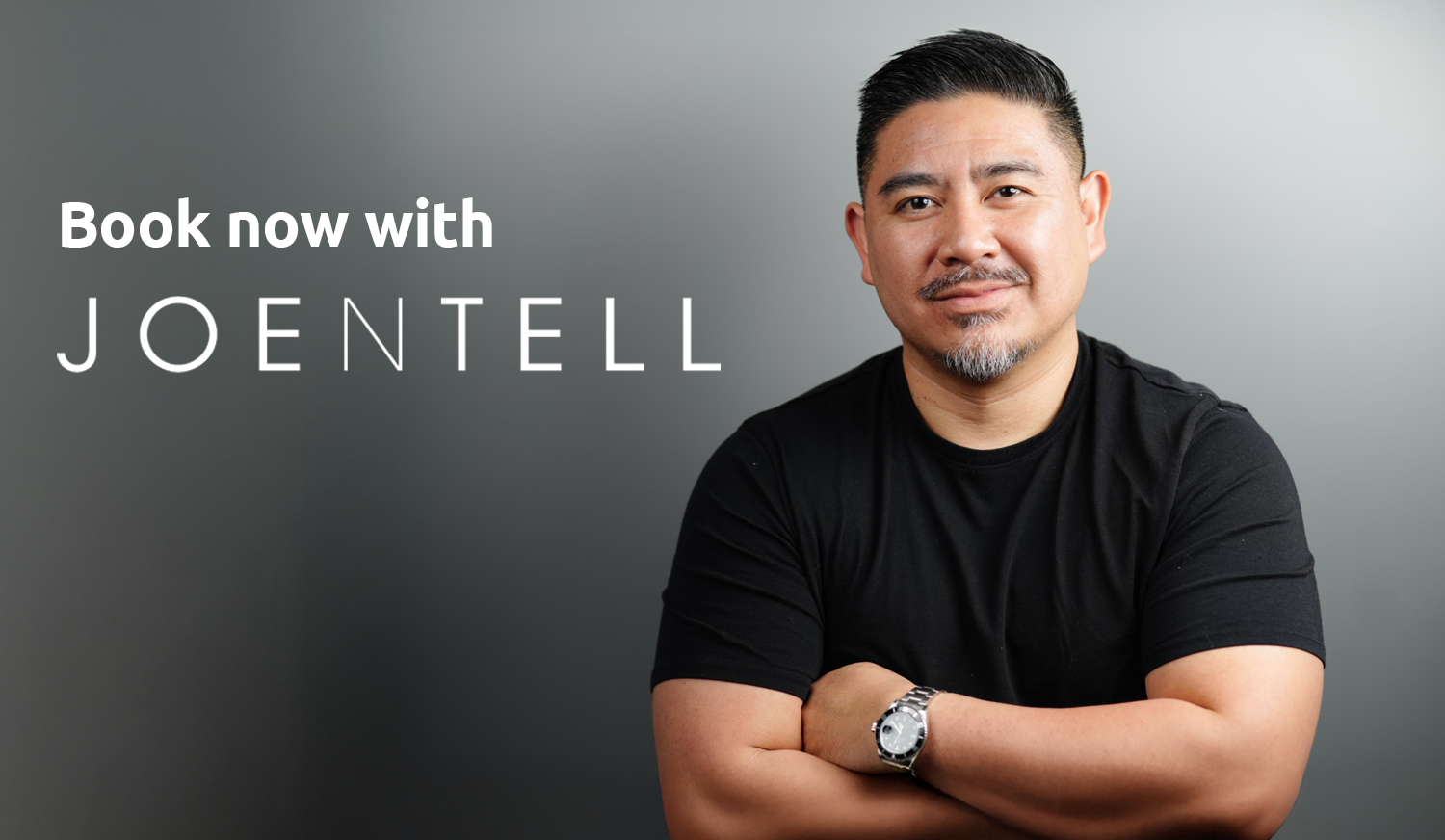 Image of Joe N Tell with text "Book now with Joe N Tell"